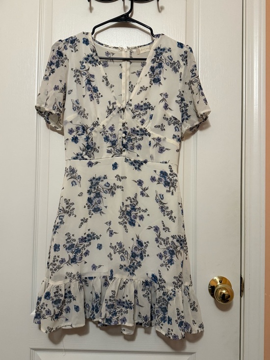 Altar'd State Dresses & Skirts - Altar'd State Cream Dress with Blue Floral Print and Ruffle Hem